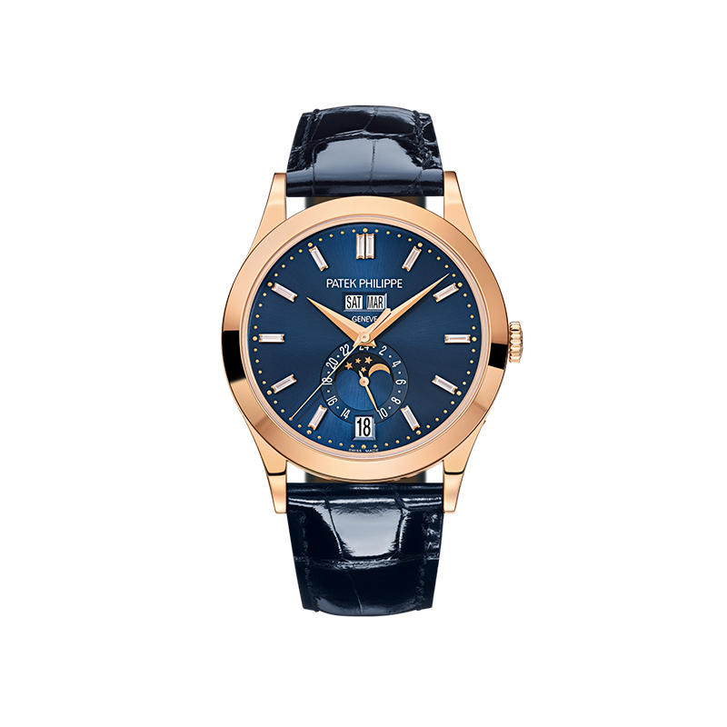 Calendario Anual 5396R de Patek Philippe en oro rosa con esfera azul sol y diamantes baguette