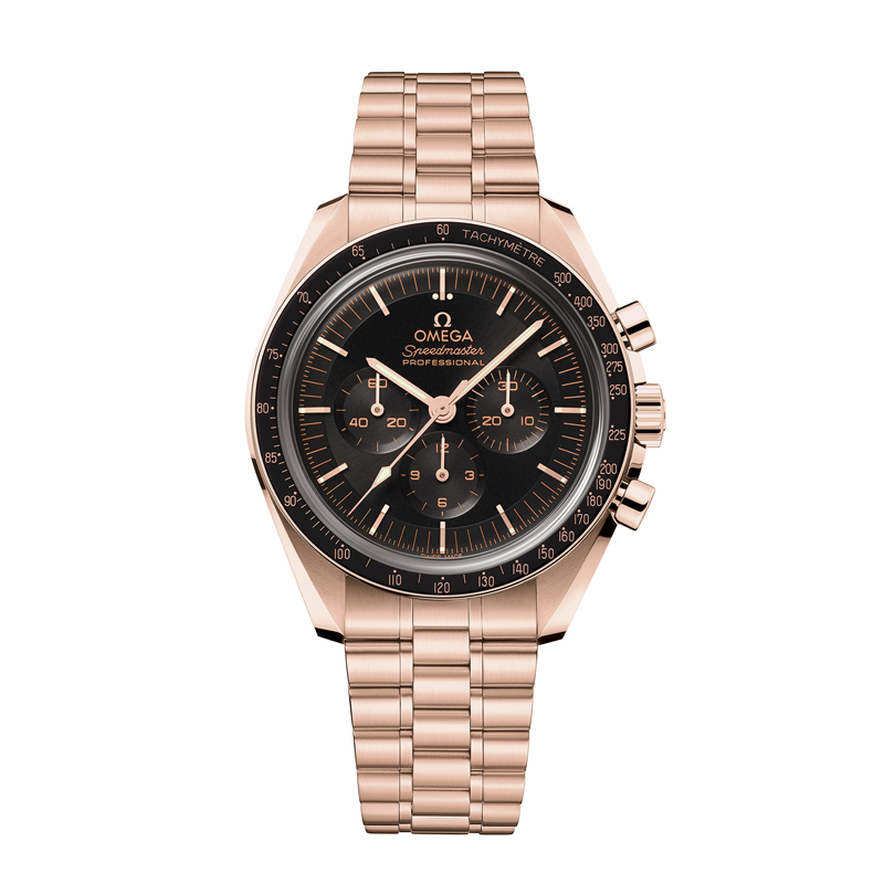 Reloj Omega Speedmaster Moonwatch con brazalete y caja en oro Sedna