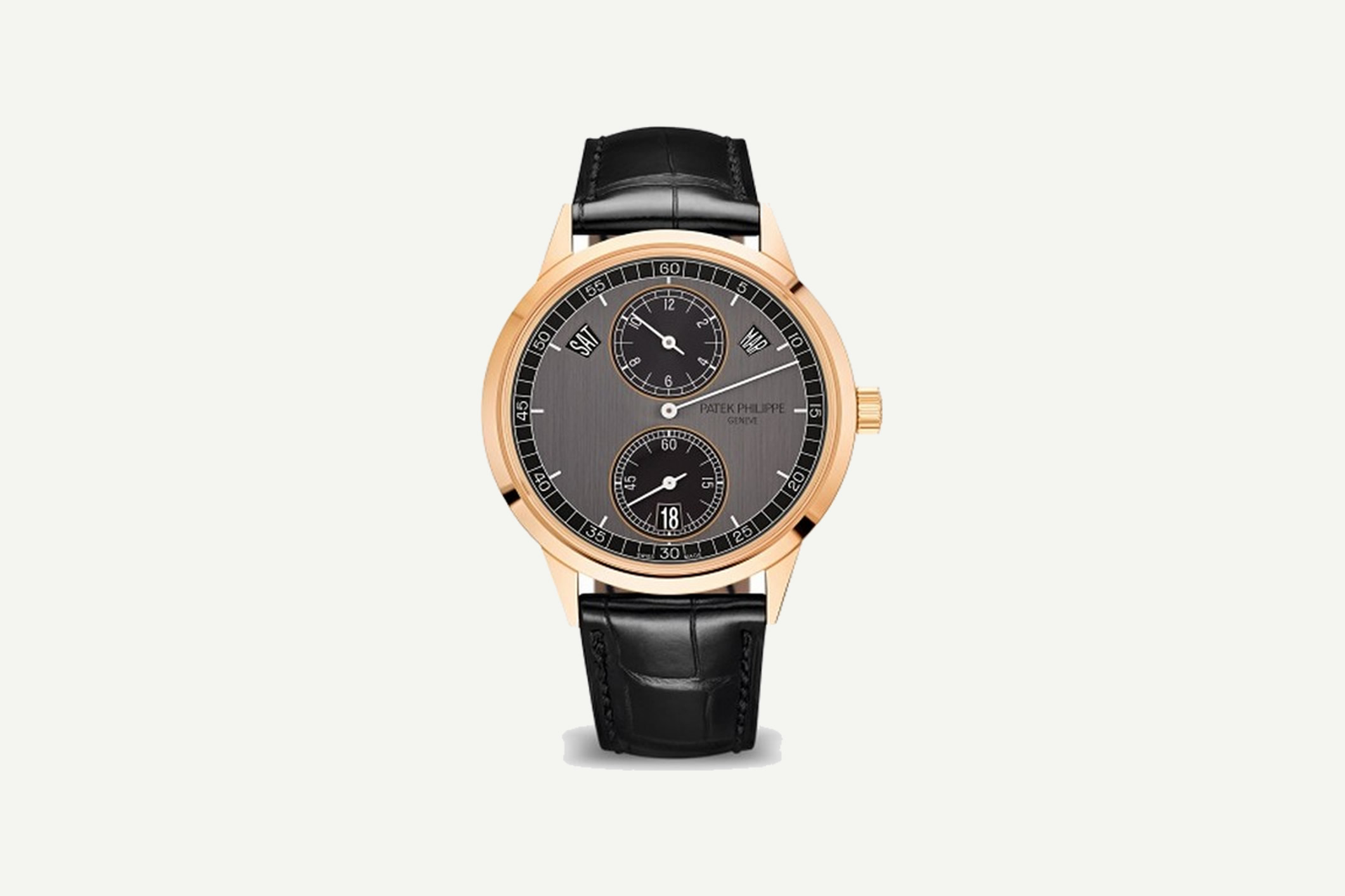 Annual Calendar watch with a rose gold case and a two-colored dial in black and graphite