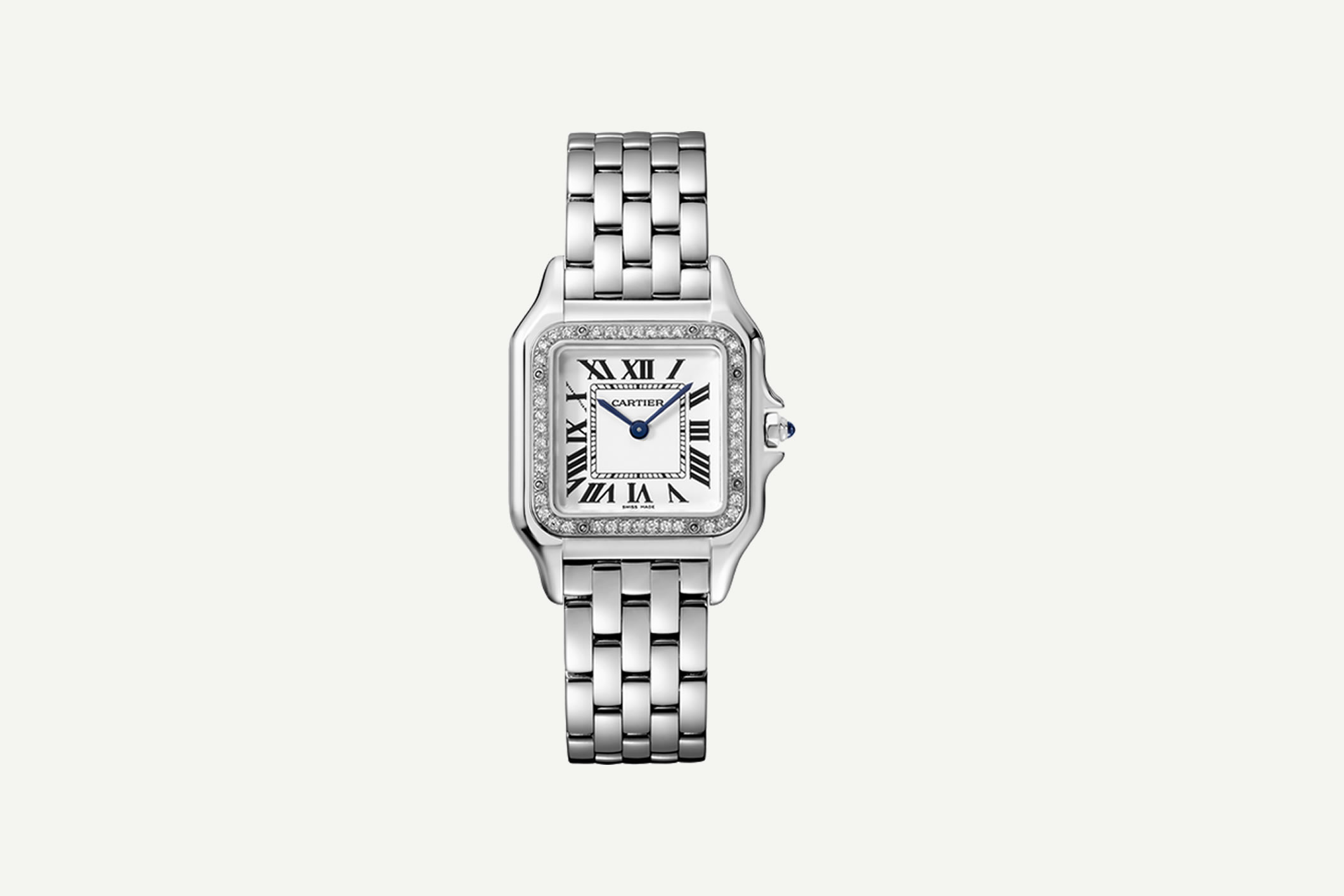 Reloj Panthére de Cartier, un clásico con caja cuadrada de acero y bisel con 44 diamantes