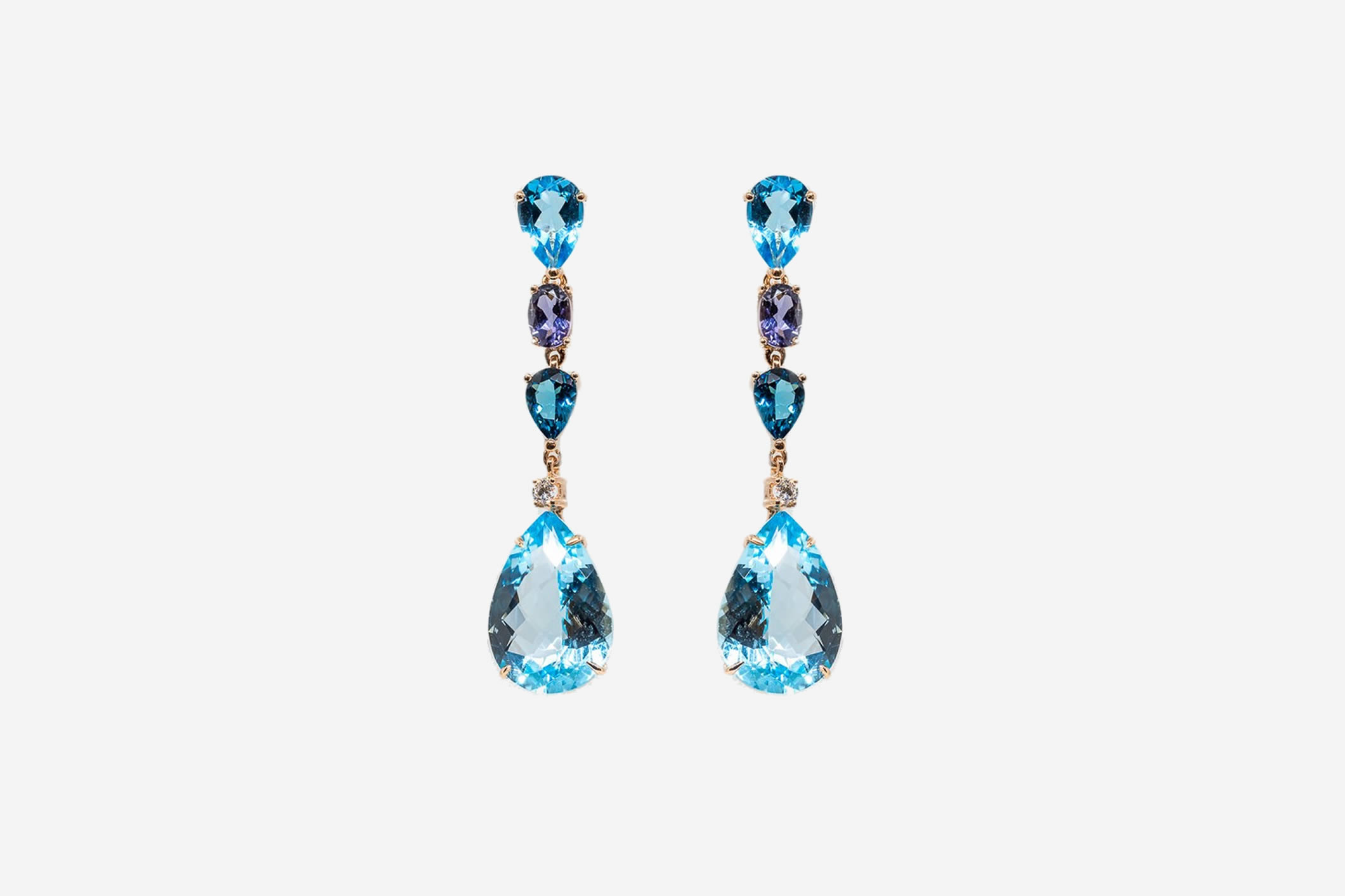 Setenta y Nueve rose gold earrings with London blue topaz, Swiss blue topaz and lilac iolites