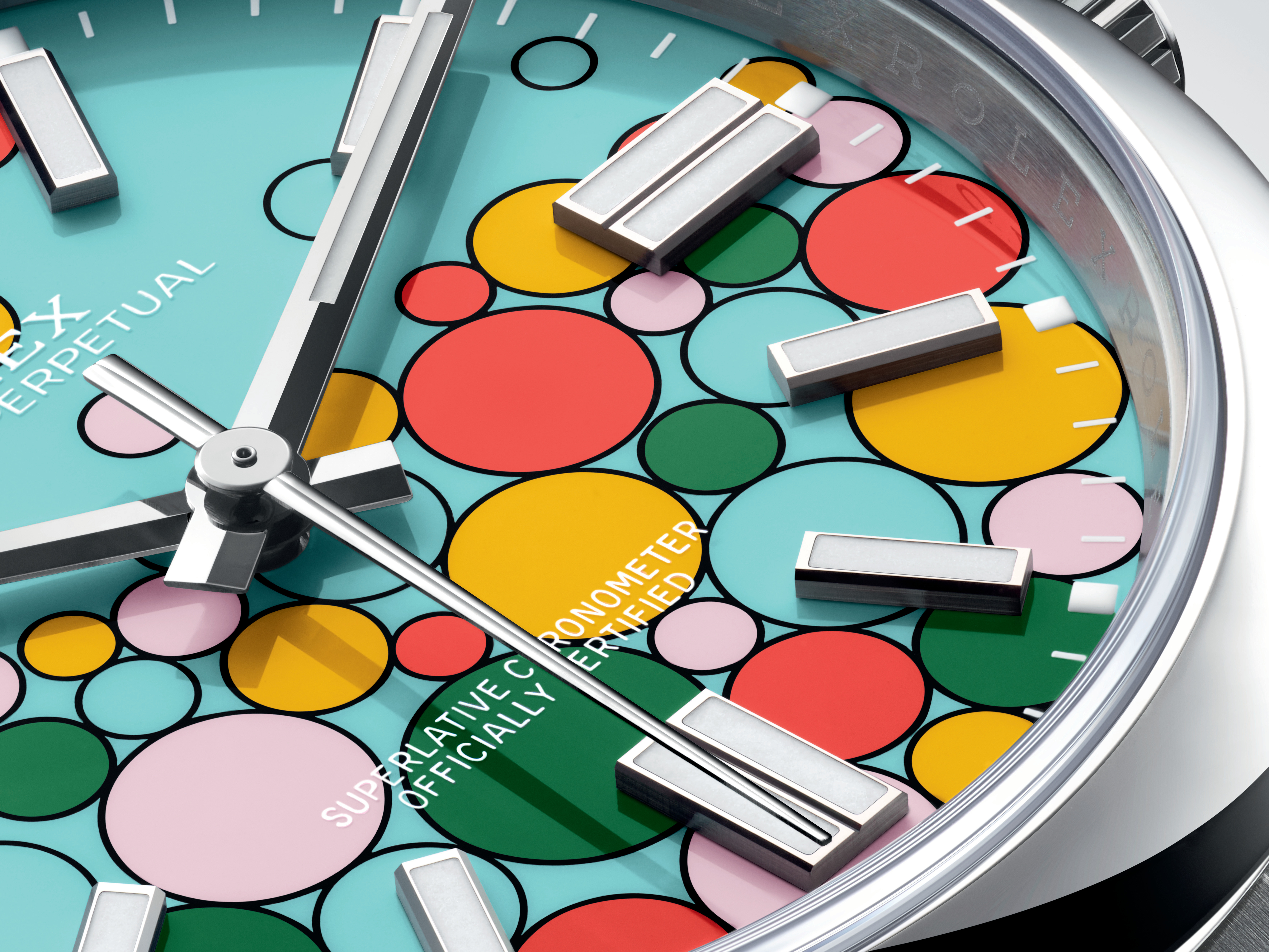 Detail of the new many-coloured bubble dial for the Rolex Oyster Perpetual