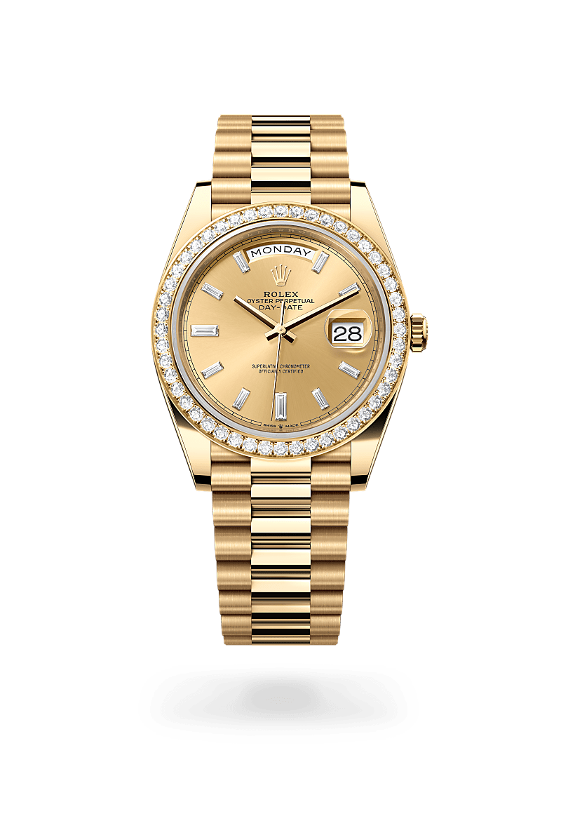 Rolex Day-Date 40, Oyster, 40 mm, oro amarillo y diamantes